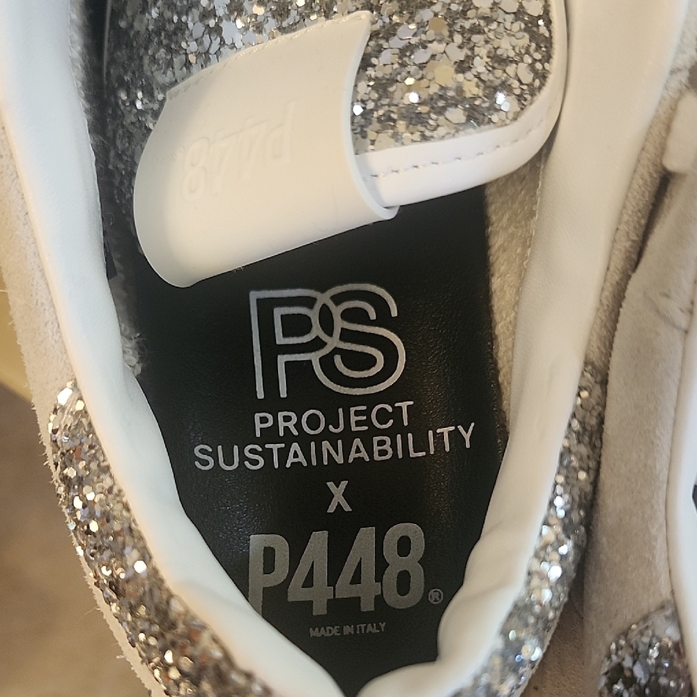 P448 Women's White Suede Sneakers with Silver Glitter Toe & Heel - Picture 4 of 8